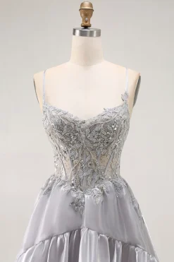 Cinzento A Line Beaded Sheer Corset Long Ruffle Prom Dress with Slit
