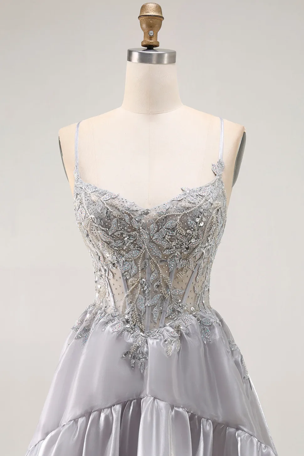 Cinzento A Line Beaded Sheer Corset Long Ruffle Prom Dress with Slit