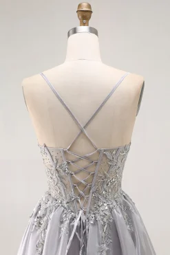 Cinzento A Line Beaded Sheer Corset Long Ruffle Prom Dress with Slit