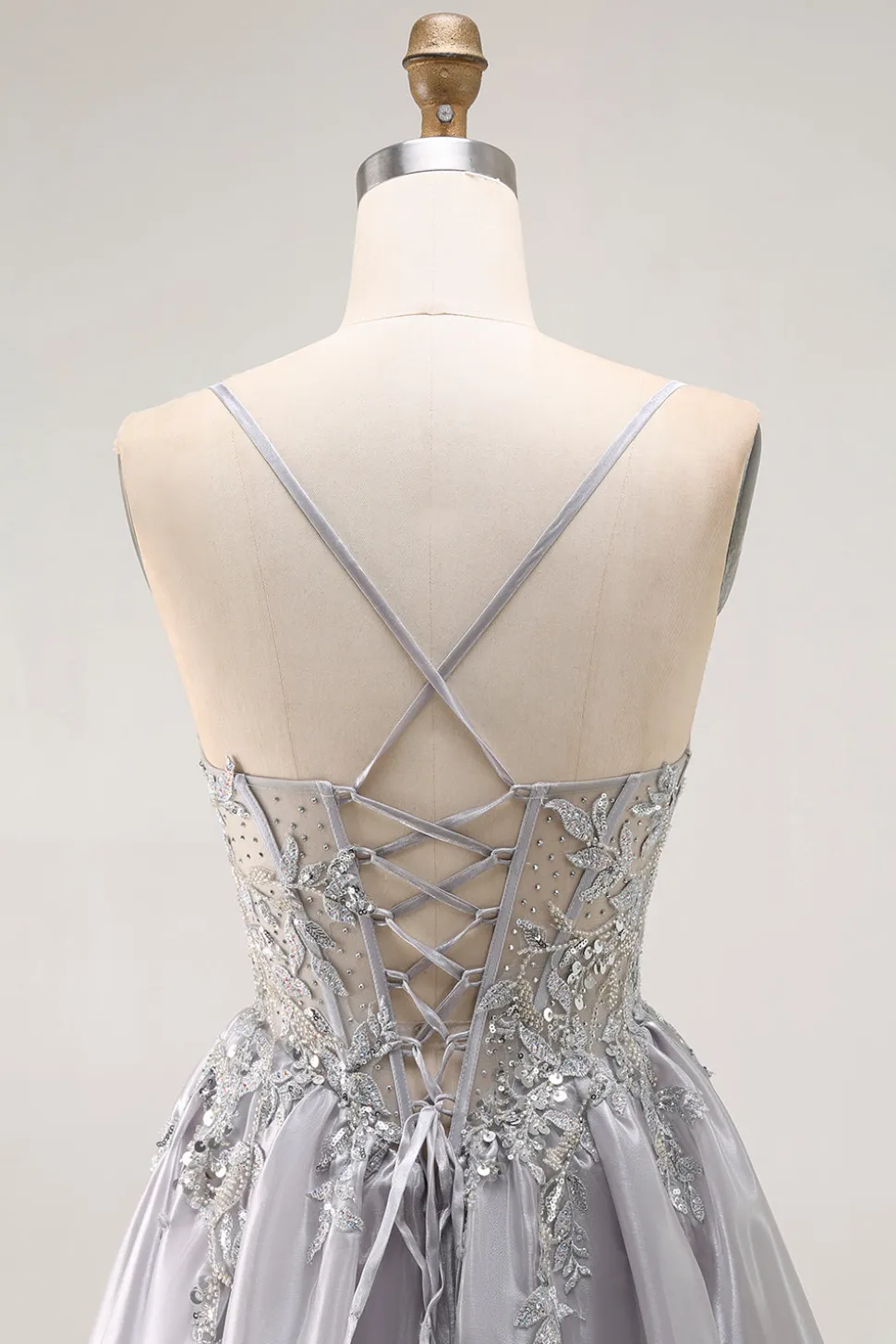 Cinzento A Line Beaded Sheer Corset Long Ruffle Prom Dress with Slit