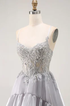 Cinzento A Line Beaded Sheer Corset Long Ruffle Prom Dress with Slit
