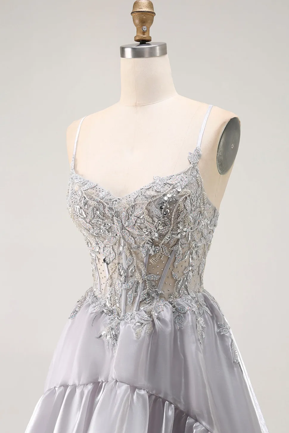 Cinzento A Line Beaded Sheer Corset Long Ruffle Prom Dress with Slit
