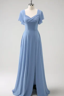 Cinzento Azul A Line Chiffon Long Bridesmaid Dress with Slit