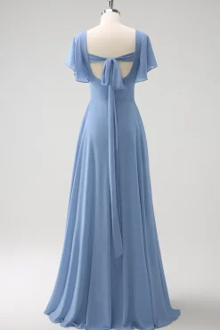 Cinzento Azul A Line Chiffon Long Bridesmaid Dress with Slit