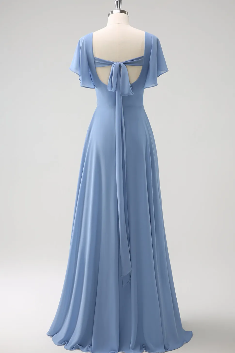 Cinzento Azul A Line Chiffon Long Bridesmaid Dress with Slit