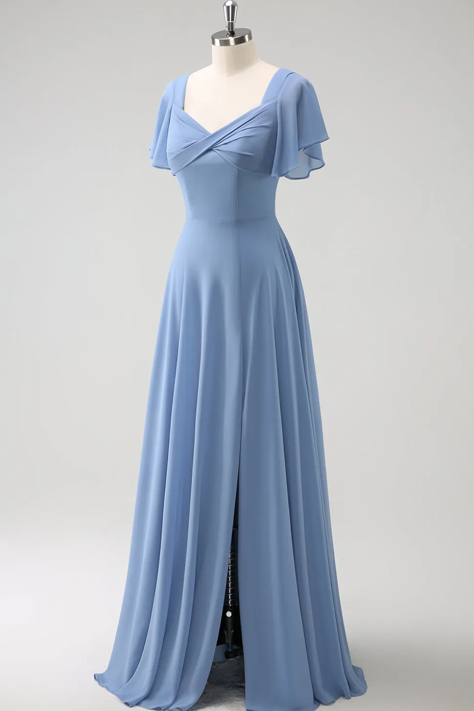 Cinzento Azul A Line Chiffon Long Bridesmaid Dress with Slit