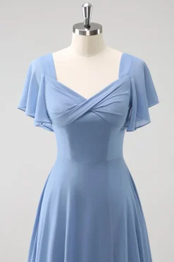 Cinzento Azul A Line Chiffon Long Bridesmaid Dress with Slit