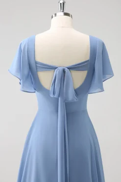 Cinzento Azul A Line Chiffon Long Bridesmaid Dress with Slit