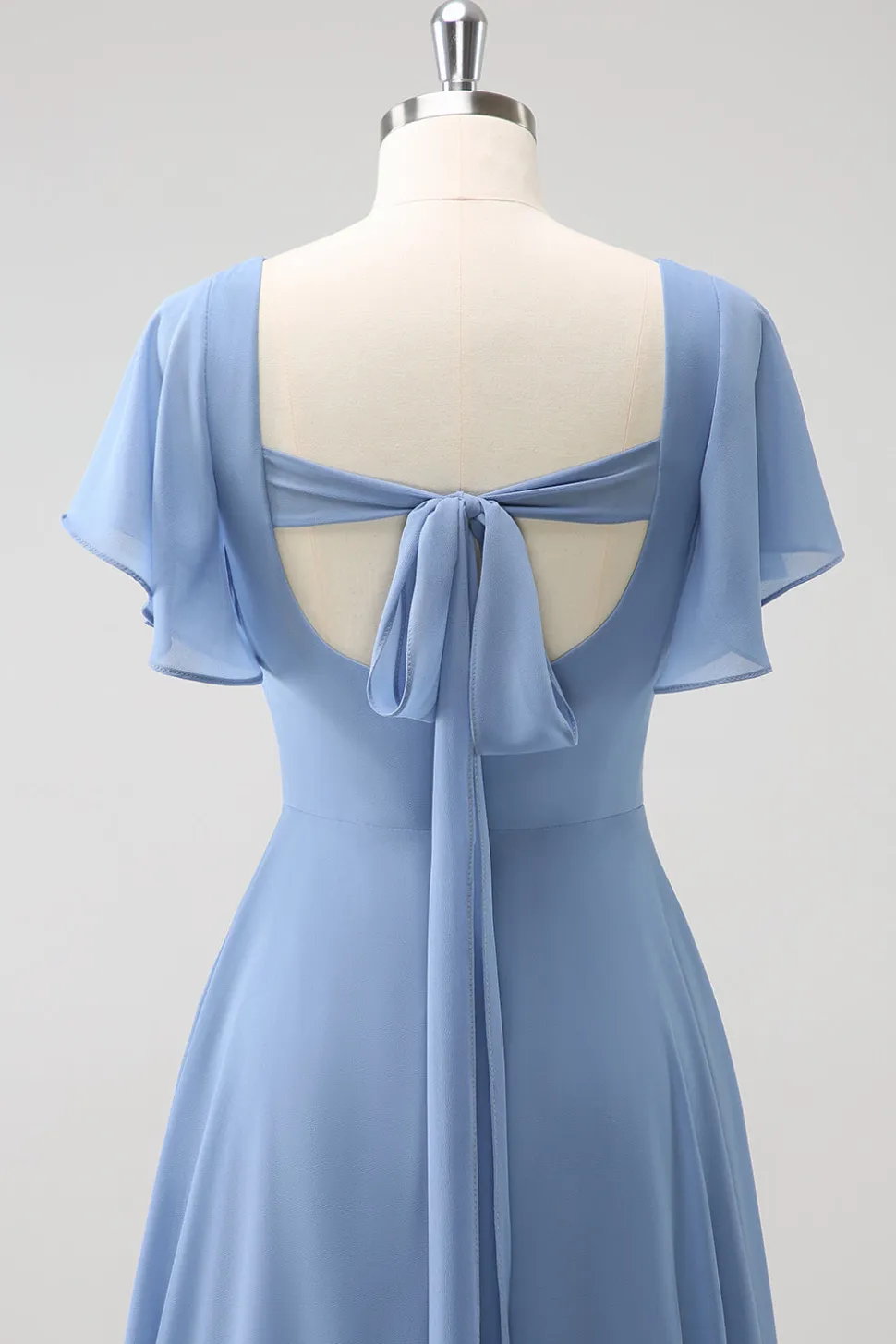 Cinzento Azul A Line Chiffon Long Bridesmaid Dress with Slit