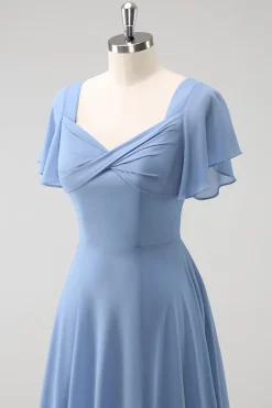 Cinzento Azul A Line Chiffon Long Bridesmaid Dress with Slit