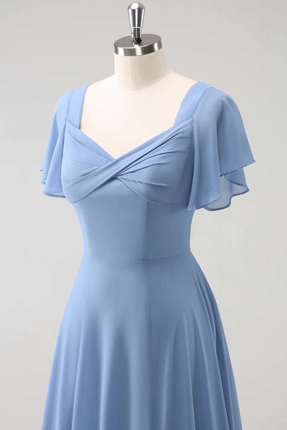 Cinzento Azul A Line Chiffon Long Bridesmaid Dress with Slit