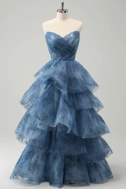 Cinzento Azul A-Line Bordado Strapless Tiered Long Prom Dress