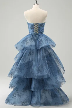 Cinzento Azul A-Line Bordado Strapless Tiered Long Prom Dress