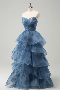 Cinzento Azul A-Line Bordado Strapless Tiered Long Prom Dress