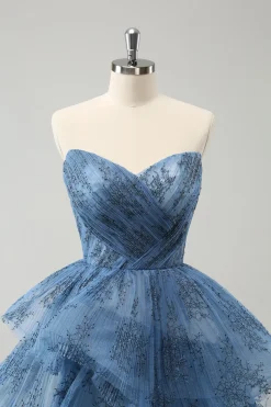 Cinzento Azul A-Line Bordado Strapless Tiered Long Prom Dress