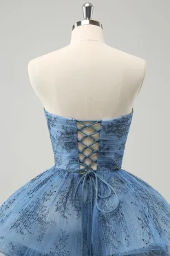 Cinzento Azul A-Line Bordado Strapless Tiered Long Prom Dress