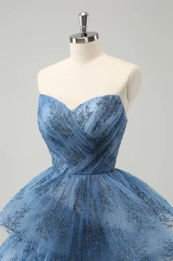 Cinzento Azul A-Line Bordado Strapless Tiered Long Prom Dress