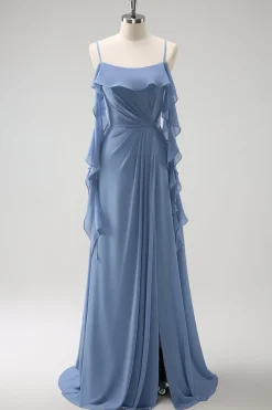 Cinzento Azul A-Line Espaghetti Correias Chiffon Vestido Longo Madrinha com Fenda