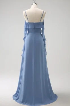 Cinzento Azul A-Line Espaghetti Correias Chiffon Vestido Longo Madrinha com Fenda