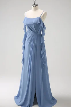 Cinzento Azul A-Line Espaghetti Correias Chiffon Vestido Longo Madrinha com Fenda