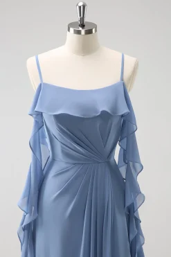 Cinzento Azul A-Line Espaghetti Correias Chiffon Vestido Longo Madrinha com Fenda