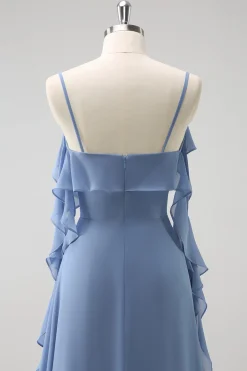Cinzento Azul A-Line Espaghetti Correias Chiffon Vestido Longo Madrinha com Fenda