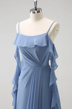 Cinzento Azul A-Line Espaghetti Correias Chiffon Vestido Longo Madrinha com Fenda