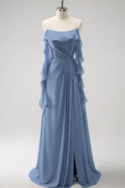 Cinzento Azul A-Line Espaghetti Correias Chiffon Vestido Longo Madrinha com Fenda