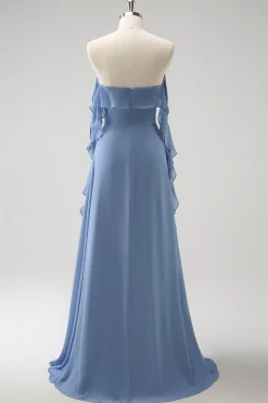 Cinzento Azul A-Line Espaghetti Correias Chiffon Vestido Longo Madrinha com Fenda