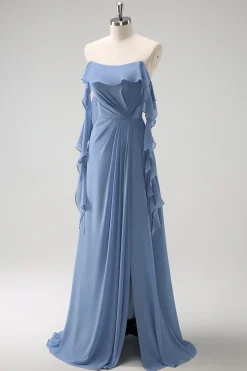 Cinzento Azul A-Line Espaghetti Correias Chiffon Vestido Longo Madrinha com Fenda