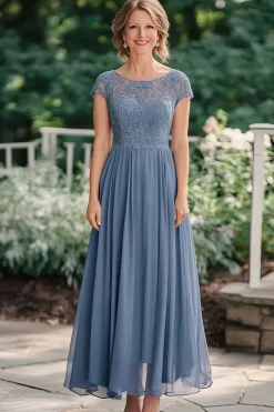 Cinzento Azul A-Line Illusion Lace Neck Chiffon Comprimento Tornozelo Mãe do Vestido da Noiva