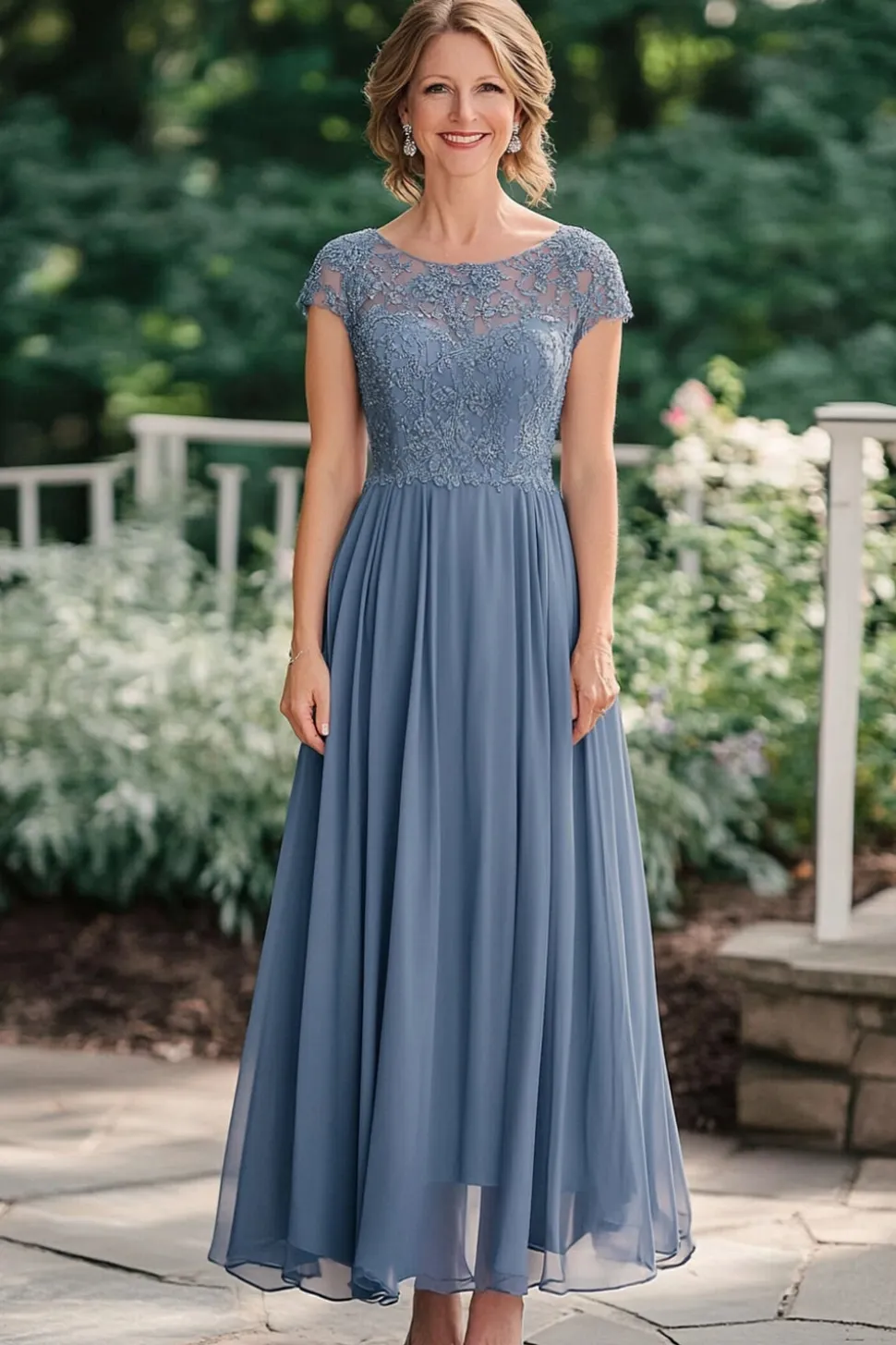Cinzento Azul A-Line Illusion Lace Neck Chiffon Comprimento Tornozelo Mãe do Vestido da Noiva