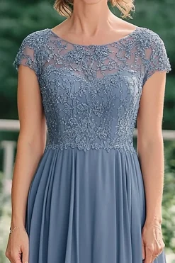 Cinzento Azul A-Line Illusion Lace Neck Chiffon Comprimento Tornozelo Mãe do Vestido da Noiva
