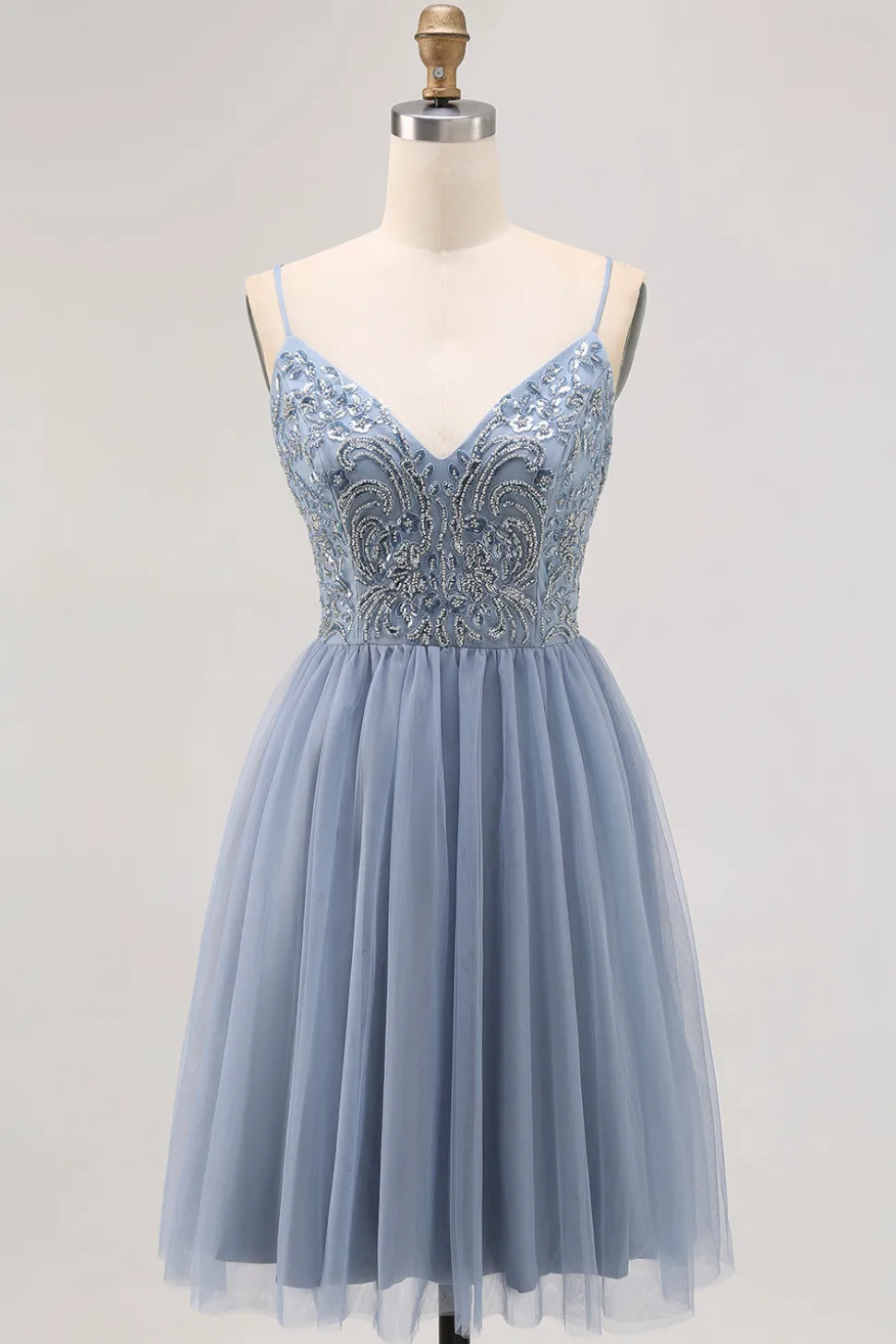Cinzento Azul A-line Tule Vestido Curto Homecoming com Missangas