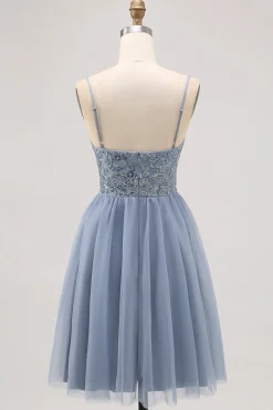 Cinzento Azul A-line Tule Vestido Curto Homecoming com Missangas