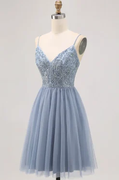 Cinzento Azul A-line Tule Vestido Curto Homecoming com Missangas