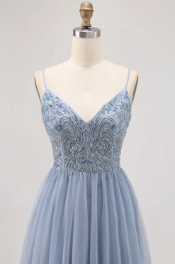 Cinzento Azul A-line Tule Vestido Curto Homecoming com Missangas