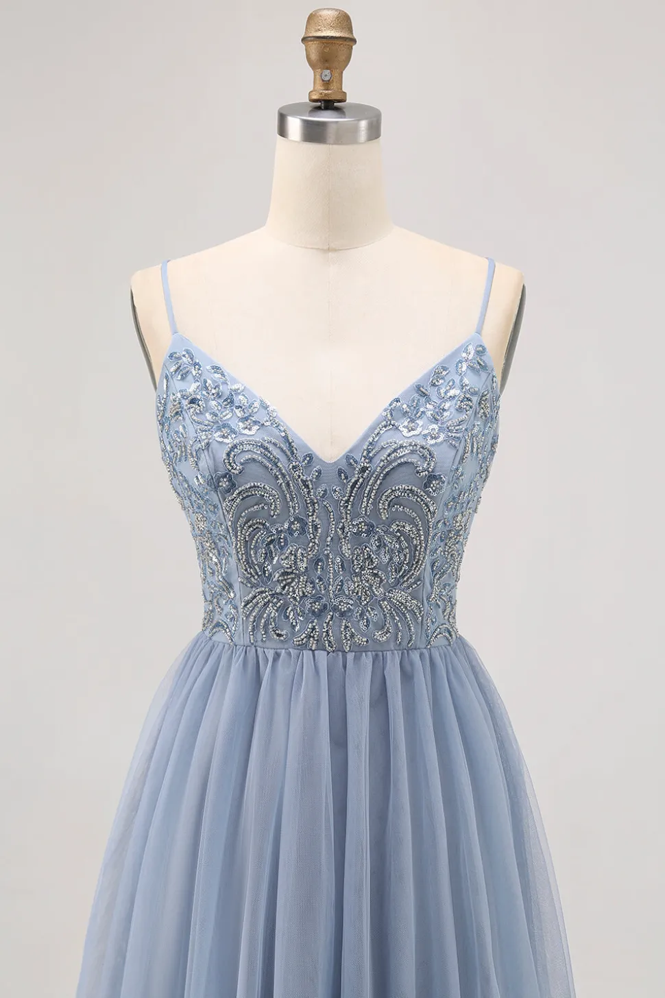 Cinzento Azul A-line Tule Vestido Curto Homecoming com Missangas