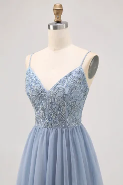 Cinzento Azul A-line Tule Vestido Curto Homecoming com Missangas