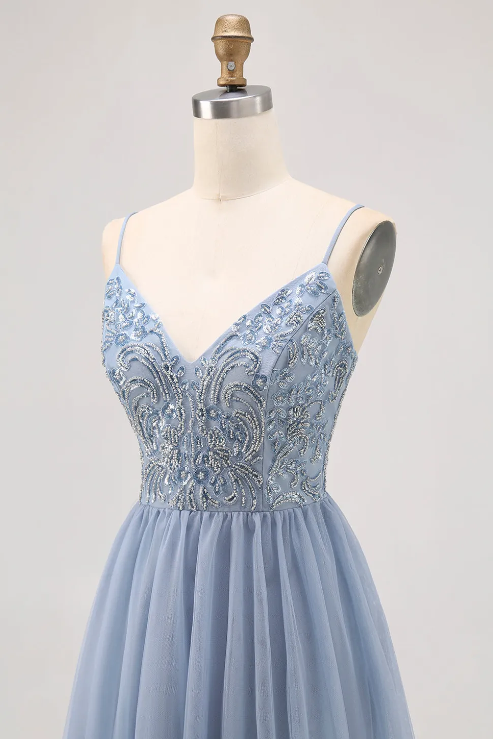 Cinzento Azul A-line Tule Vestido Curto Homecoming com Missangas