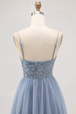 Cinzento Azul A-line Tule Vestido Curto Homecoming com Missangas