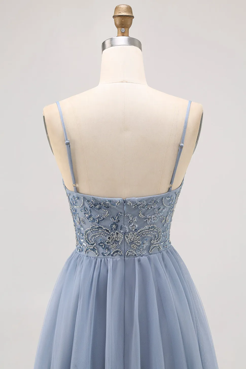 Cinzento Azul A-line Tule Vestido Curto Homecoming com Missangas