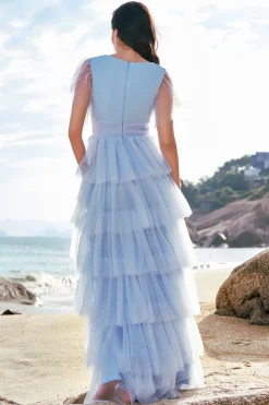Cinzento Azul A-Line V Neck Tulle Long Tiered Vestido de Dama de Honra com Fenda