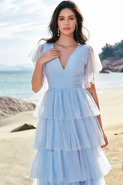 Cinzento Azul A-Line V Neck Tulle Long Tiered Vestido de Dama de Honra com Fenda