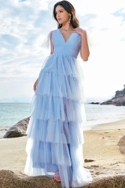 Cinzento Azul A-Line V Neck Tulle Long Tiered Vestido de Dama de Honra com Fenda