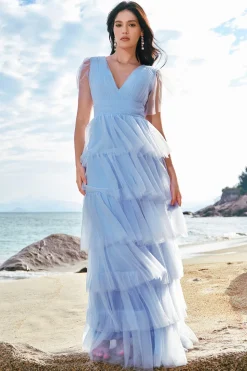 Cinzento Azul A-Line V Neck Tulle Long Tiered Vestido de Dama de Honra com Fenda