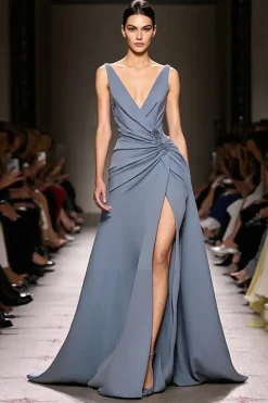 Cinzento Azul Cetim A-Line Ruched V-Neck Vestido de Noite Longo com Fenda