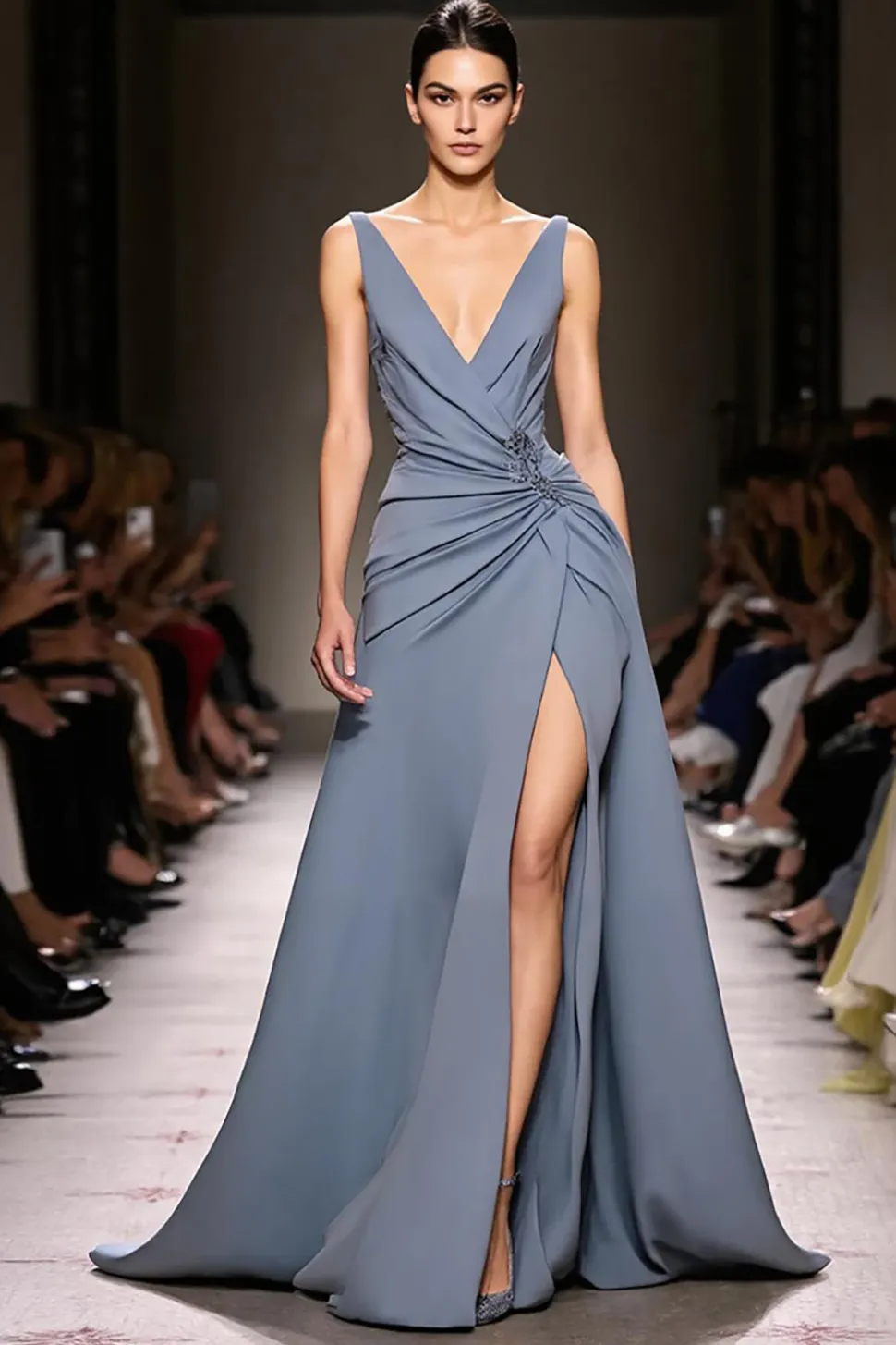 Cinzento Azul Cetim A-Line Ruched V-Neck Vestido de Noite Longo com Fenda
