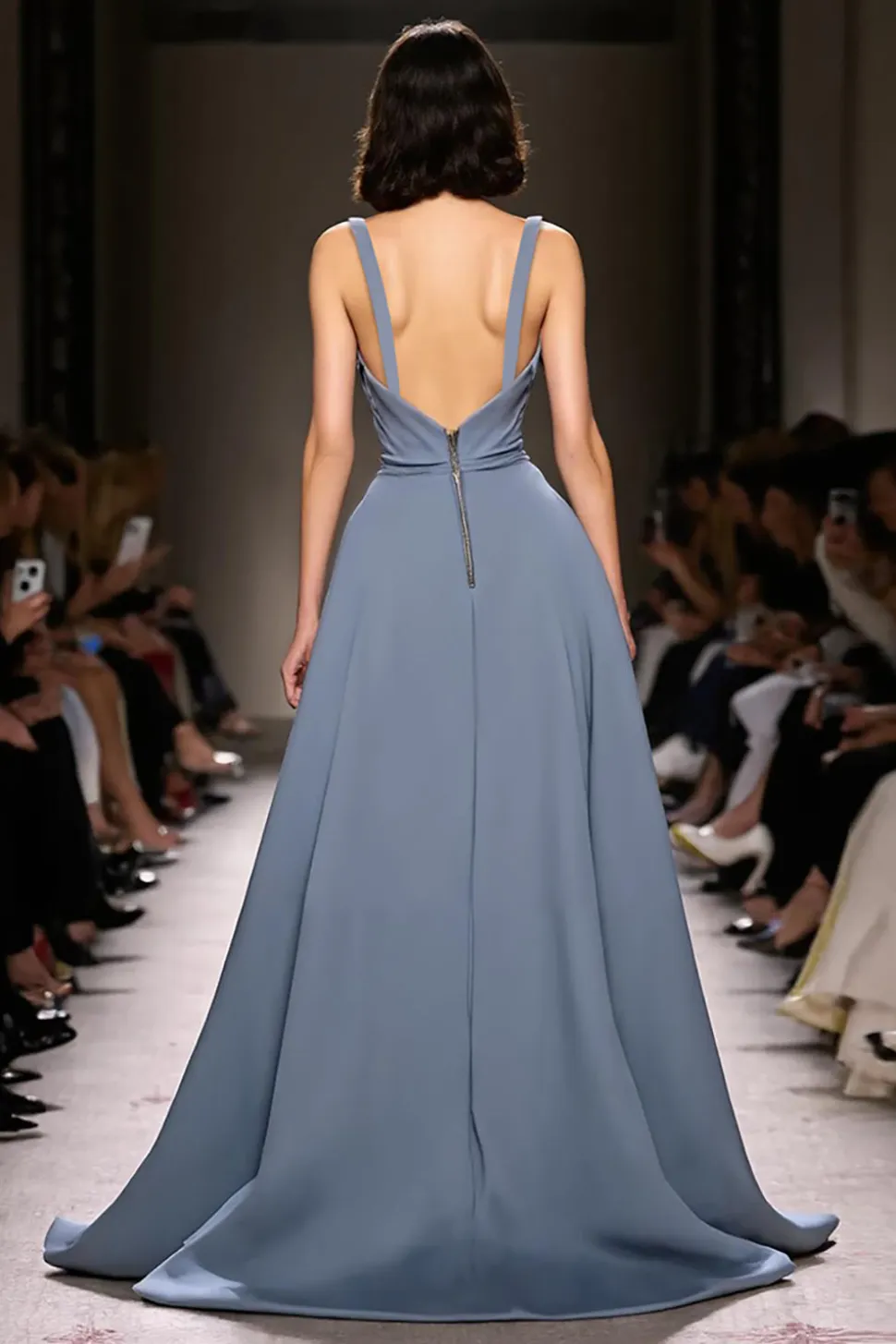 Cinzento Azul Cetim A-Line Ruched V-Neck Vestido de Noite Longo com Fenda