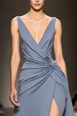 Cinzento Azul Cetim A-Line Ruched V-Neck Vestido de Noite Longo com Fenda